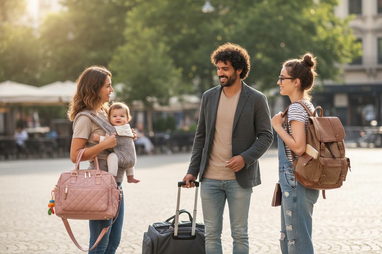 women carrying momy bag with a baby and a man carrying a travel bag and a student with a clasic bag